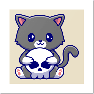 Cute Cat Holding Skull Bone Cartoon Posters and Art